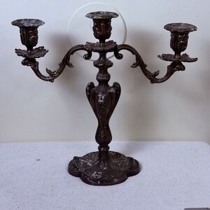 Vintage Ornate Gothic Medieval Cast Iron 13" Candelabra 2 Arms 3 Candle Holder